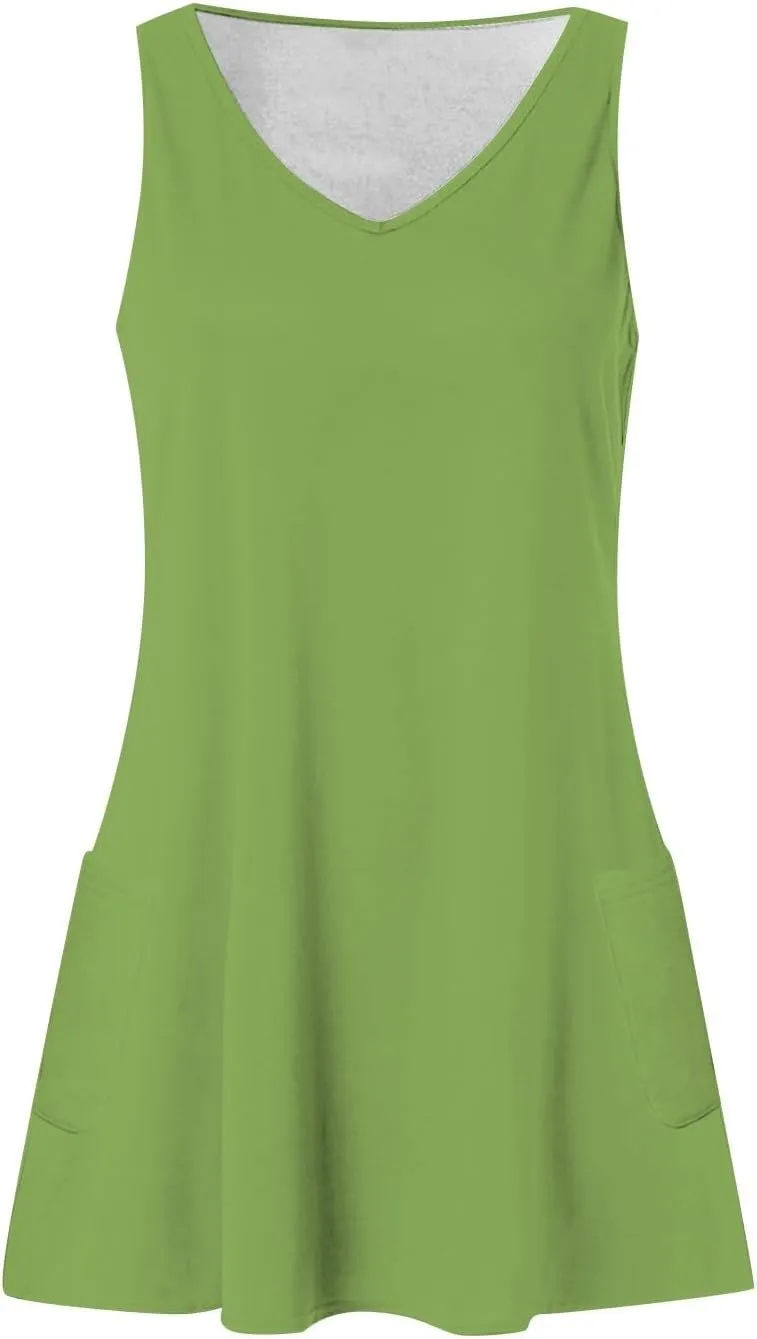 Womens Summer Dresses 2024 T-Shirts Dress Loose V Neck Sleeveless Tank Dresses Sundresses Floral/Plain