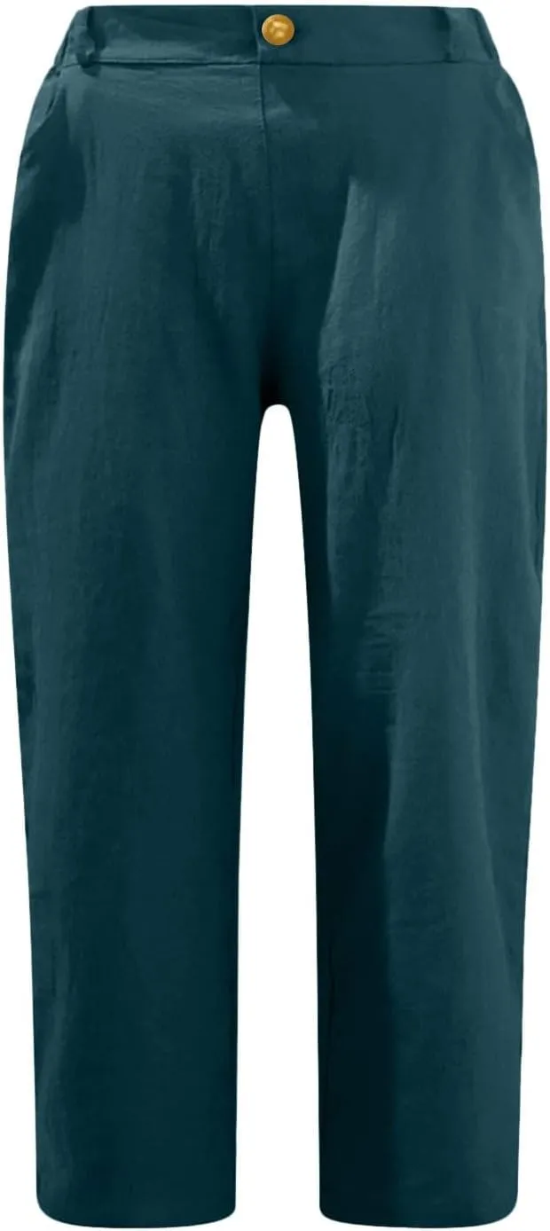 Women's Summer Flowy Linen Palazzo Wide Leg Pants Plus Size High Waist Pant High Slit Trousers with Pockets