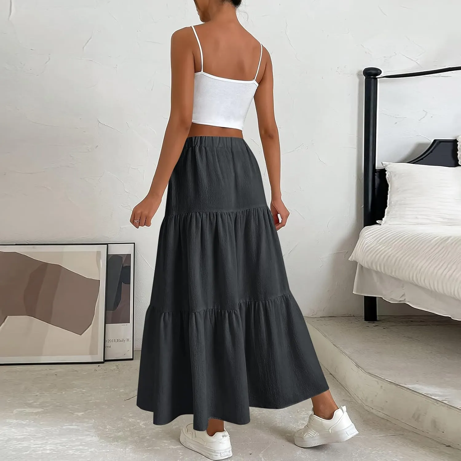 Women's Summer Flowy Swing Midi Skirts Boho High Elastic Waist Fake Drawstring Floral Print A line Casual Cute Skirt