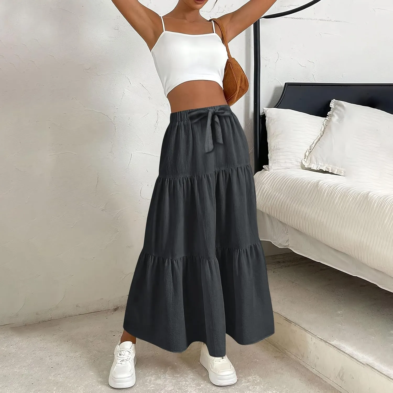 Women's Summer Flowy Swing Midi Skirts Boho High Elastic Waist Fake Drawstring Floral Print A line Casual Cute Skirt