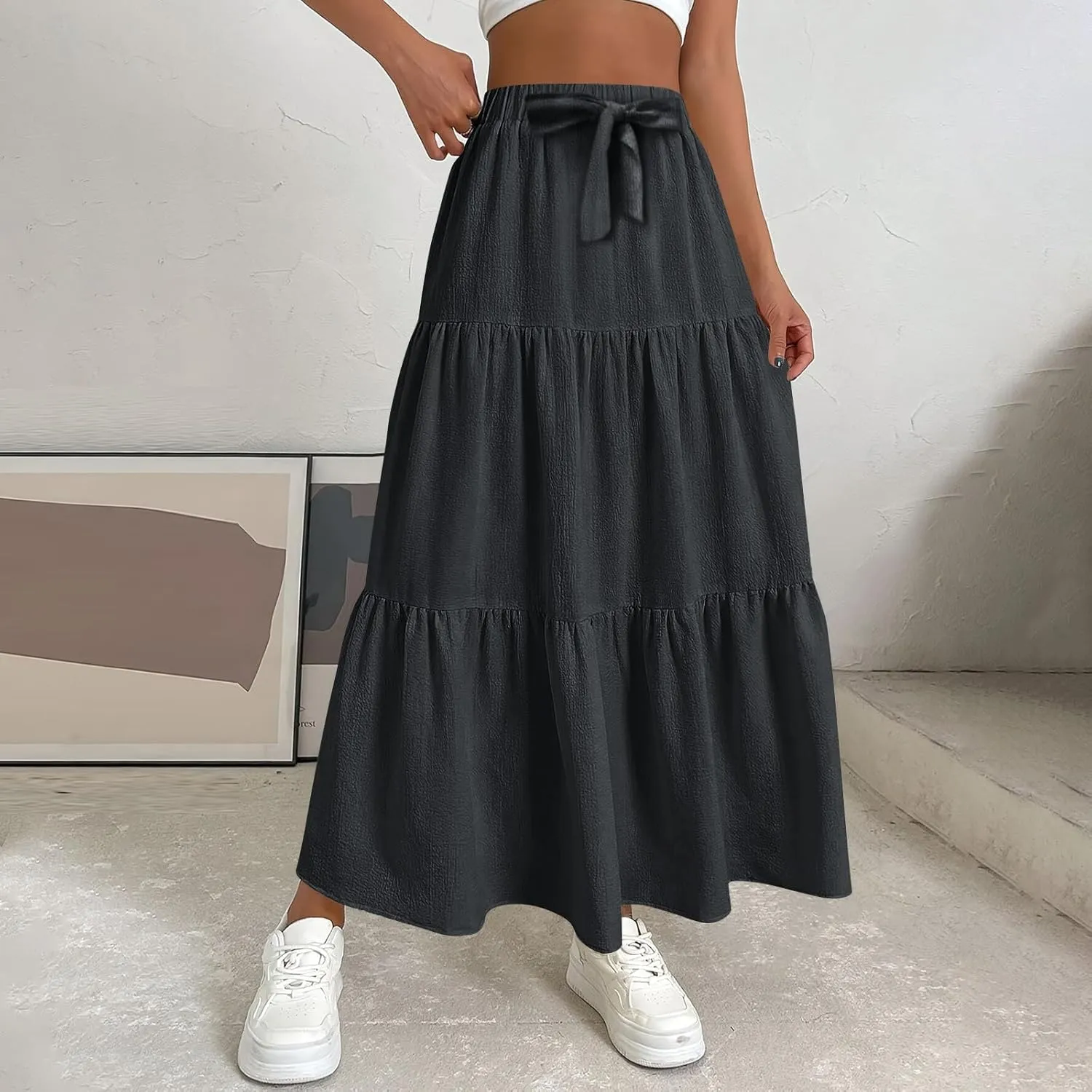 Women's Summer Flowy Swing Midi Skirts Boho High Elastic Waist Fake Drawstring Floral Print A line Casual Cute Skirt