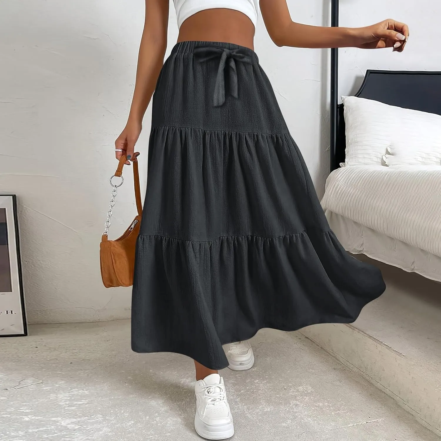 Women's Summer Flowy Swing Midi Skirts Boho High Elastic Waist Fake Drawstring Floral Print A line Casual Cute Skirt