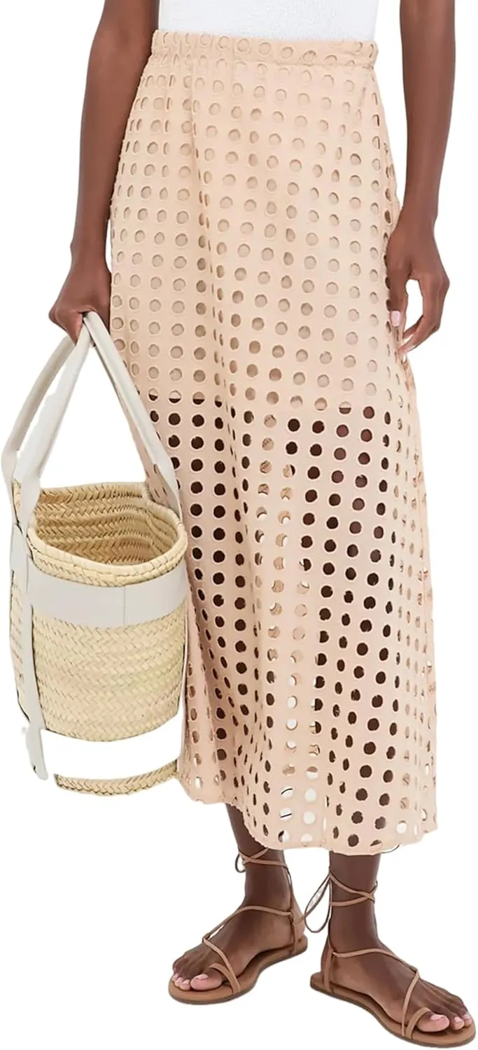 Women's Summer Hollow Out Eyelet Beach Maxi Skirt Fashion Casual Solid Lightweight Comfortable with Underneath