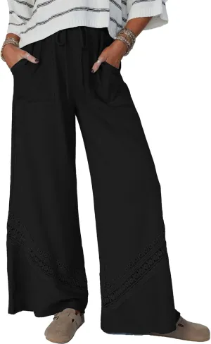 Womens Wide Leg Pants Casual Hollow Out Loose Lounge Pants Summer Palazzo Pant Trousers with Pockets 2025