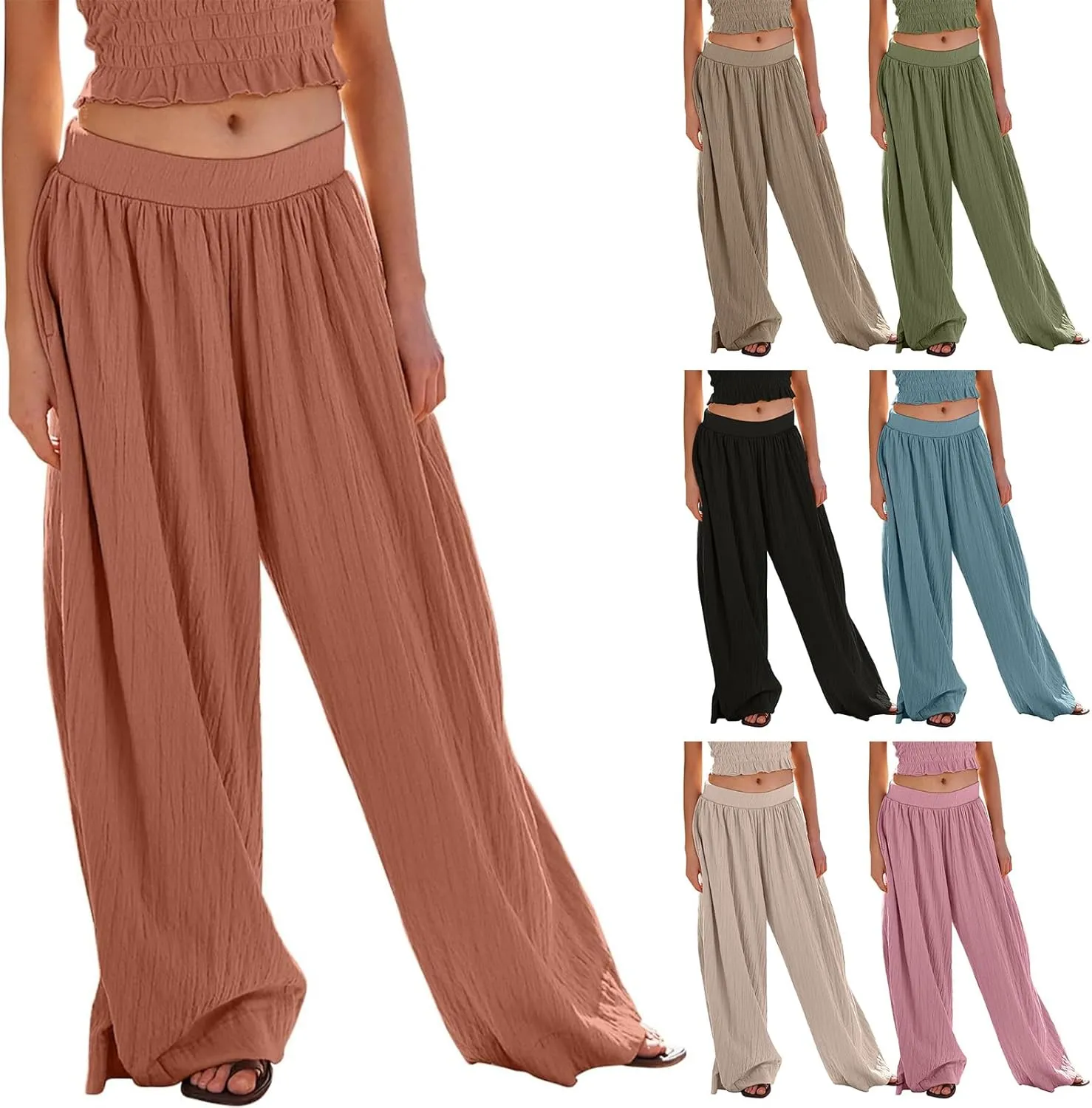 Women's Wide Leg Pants Oversized Comfortable Pleated High Waist Palazzo Pants Casual Summer Beach Trousers with Pockets
