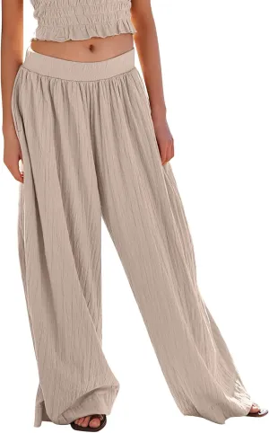 Women's Wide Leg Pants Oversized Comfortable Pleated High Waist Palazzo Pants Casual Summer Beach Trousers with Pockets
