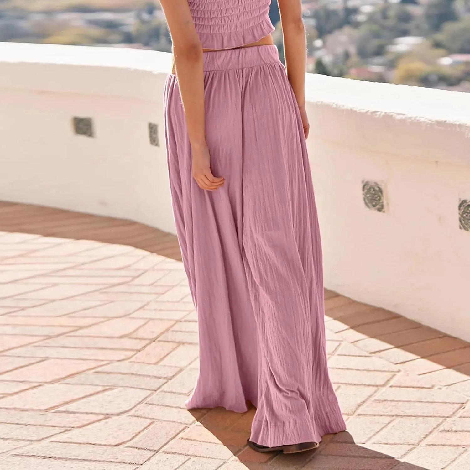 Women's Wide Leg Pants Oversized Comfortable Pleated High Waist Palazzo Pants Casual Summer Beach Trousers with Pockets