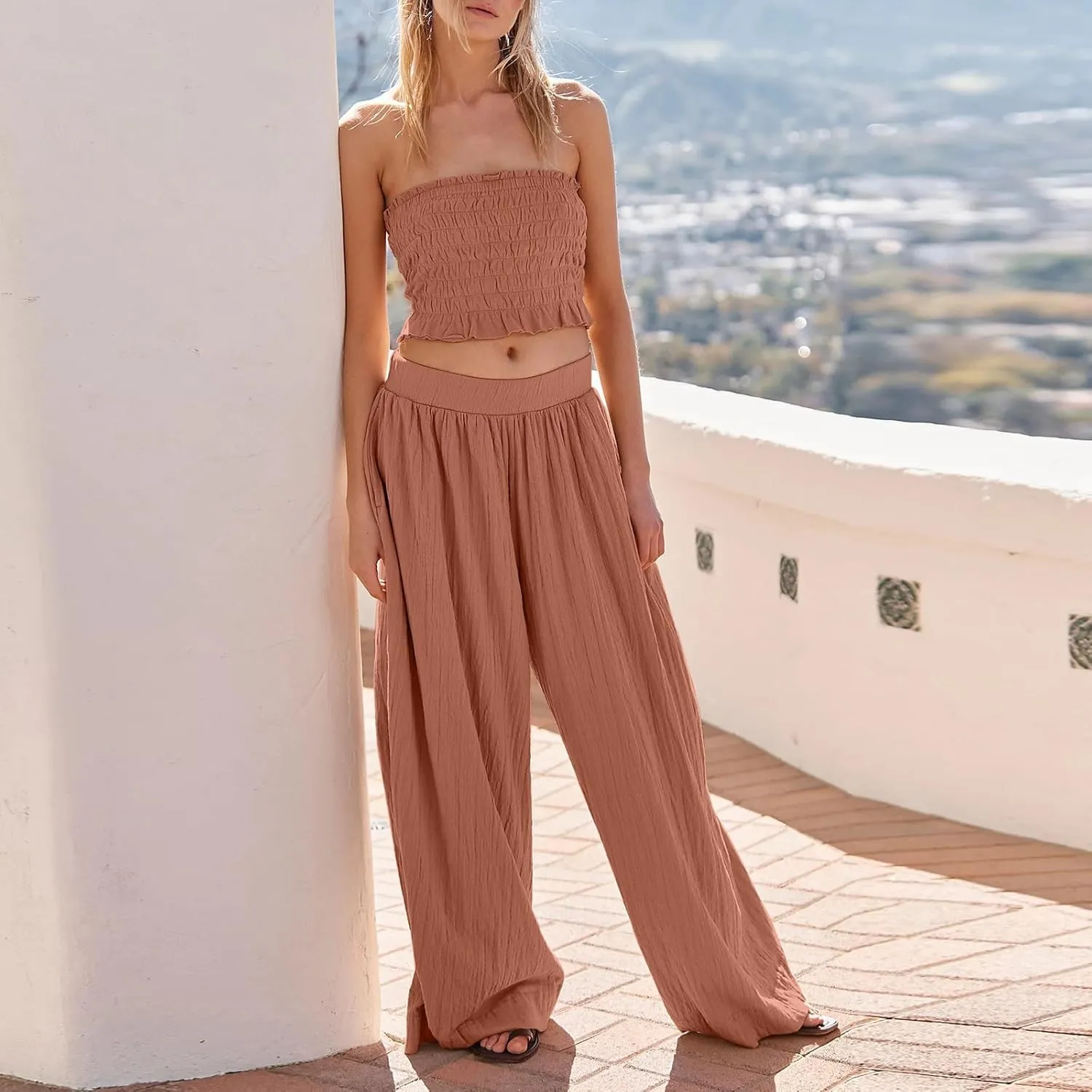 Women's Wide Leg Pants Oversized Comfortable Pleated High Waist Palazzo Pants Casual Summer Beach Trousers with Pockets