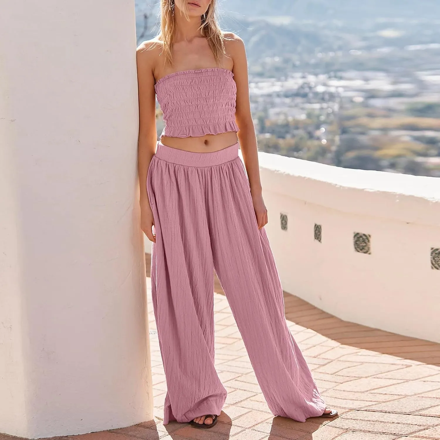 Women's Wide Leg Pants Oversized Comfortable Pleated High Waist Palazzo Pants Casual Summer Beach Trousers with Pockets