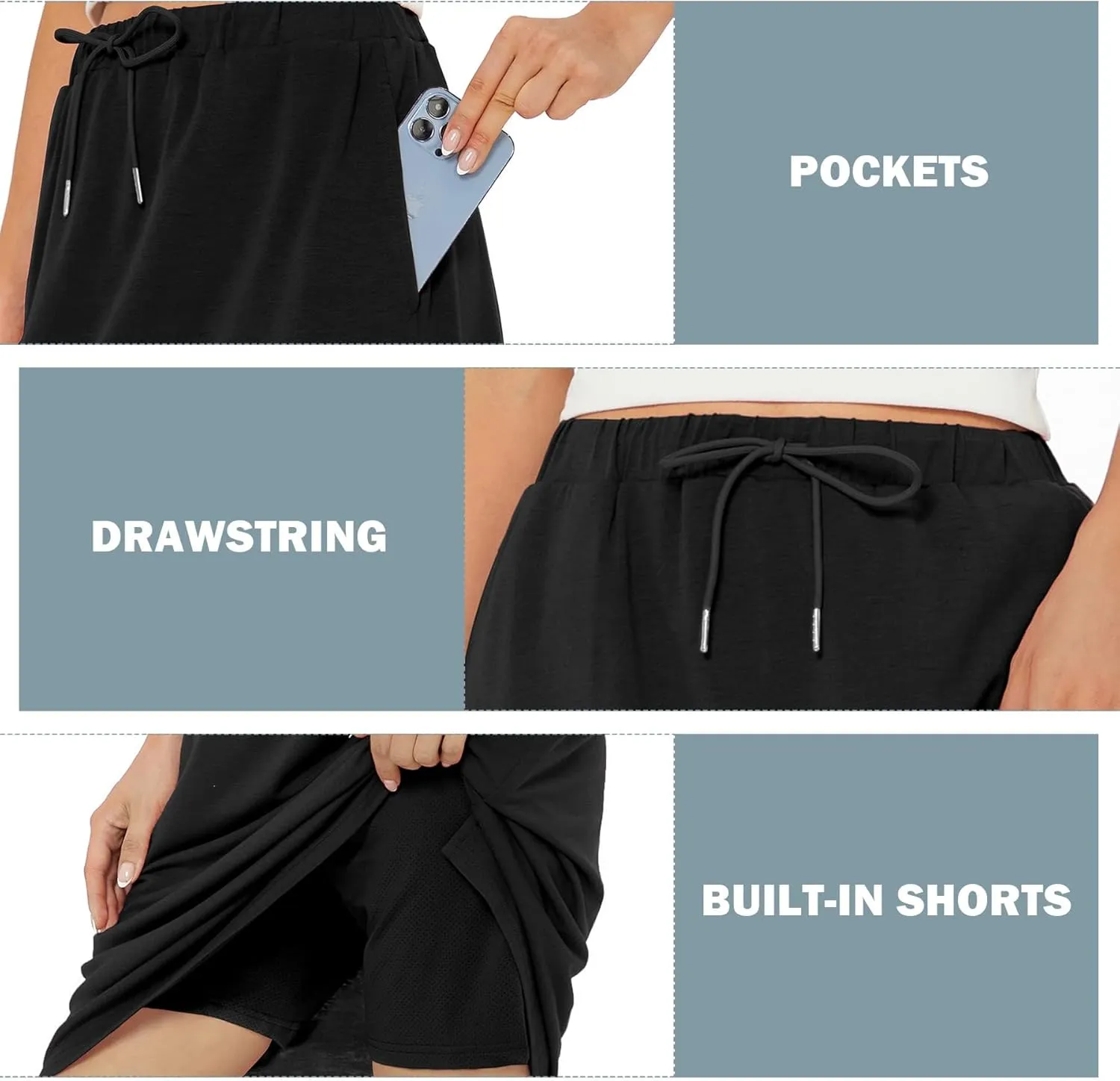 Zando Tennis Skirts for Women with Pockets Athletic Knee Length Golf Casual Skorts Shorts Sports Drawstring Waist Skirt