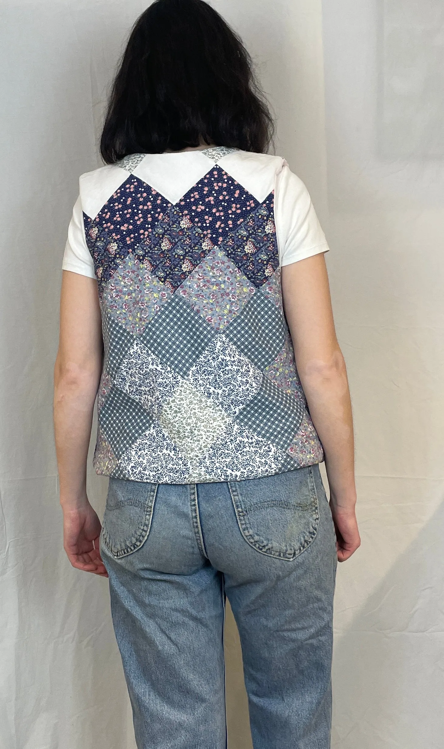 Zoe Handmade Blue Floral Tie Front Quilted Vest Gilet - Up To Size 14