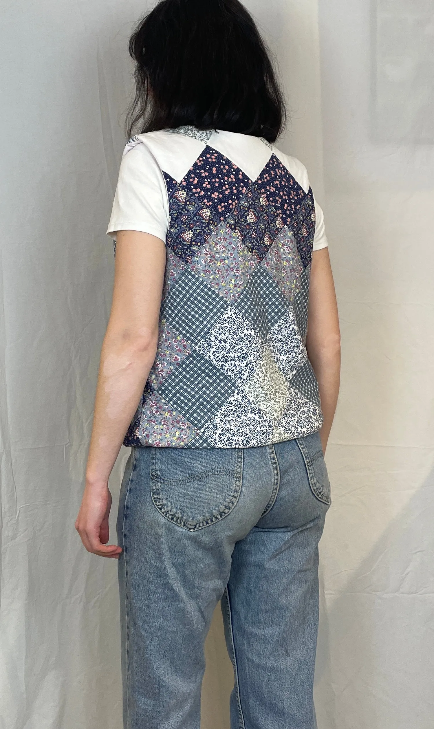 Zoe Handmade Blue Floral Tie Front Quilted Vest Gilet - Up To Size 14