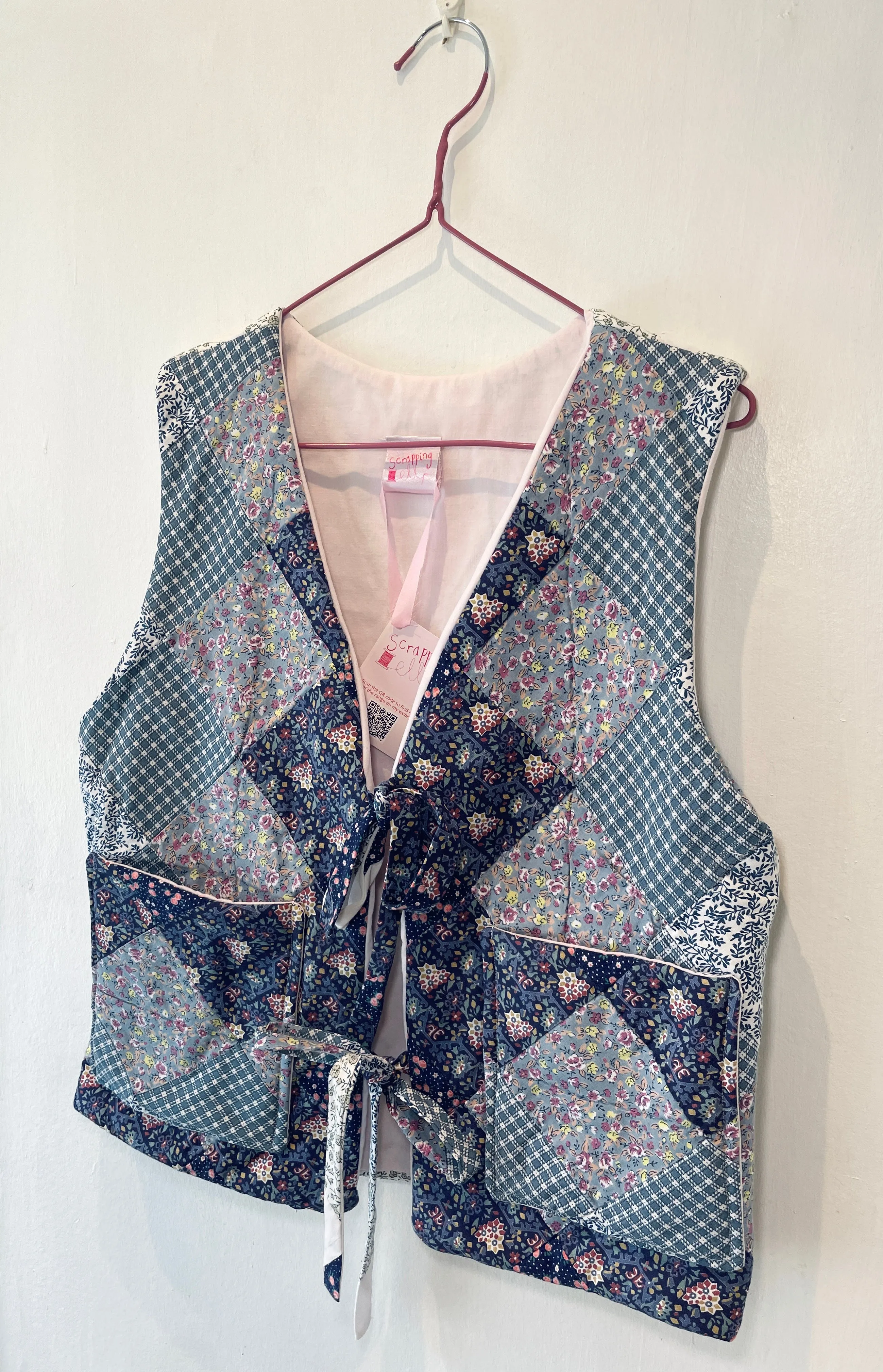 Zoe Handmade Blue Floral Tie Front Quilted Vest Gilet - Up To Size 14