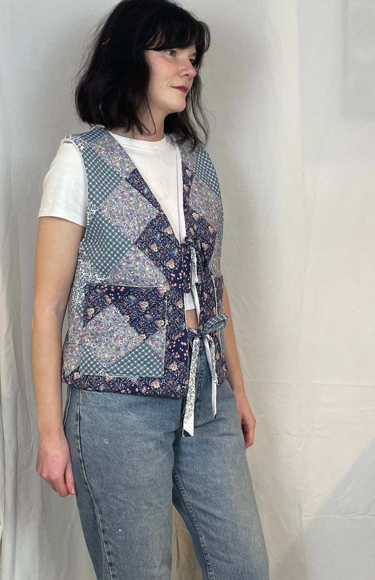 Zoe Handmade Blue Floral Tie Front Quilted Vest Gilet - Up To Size 14
