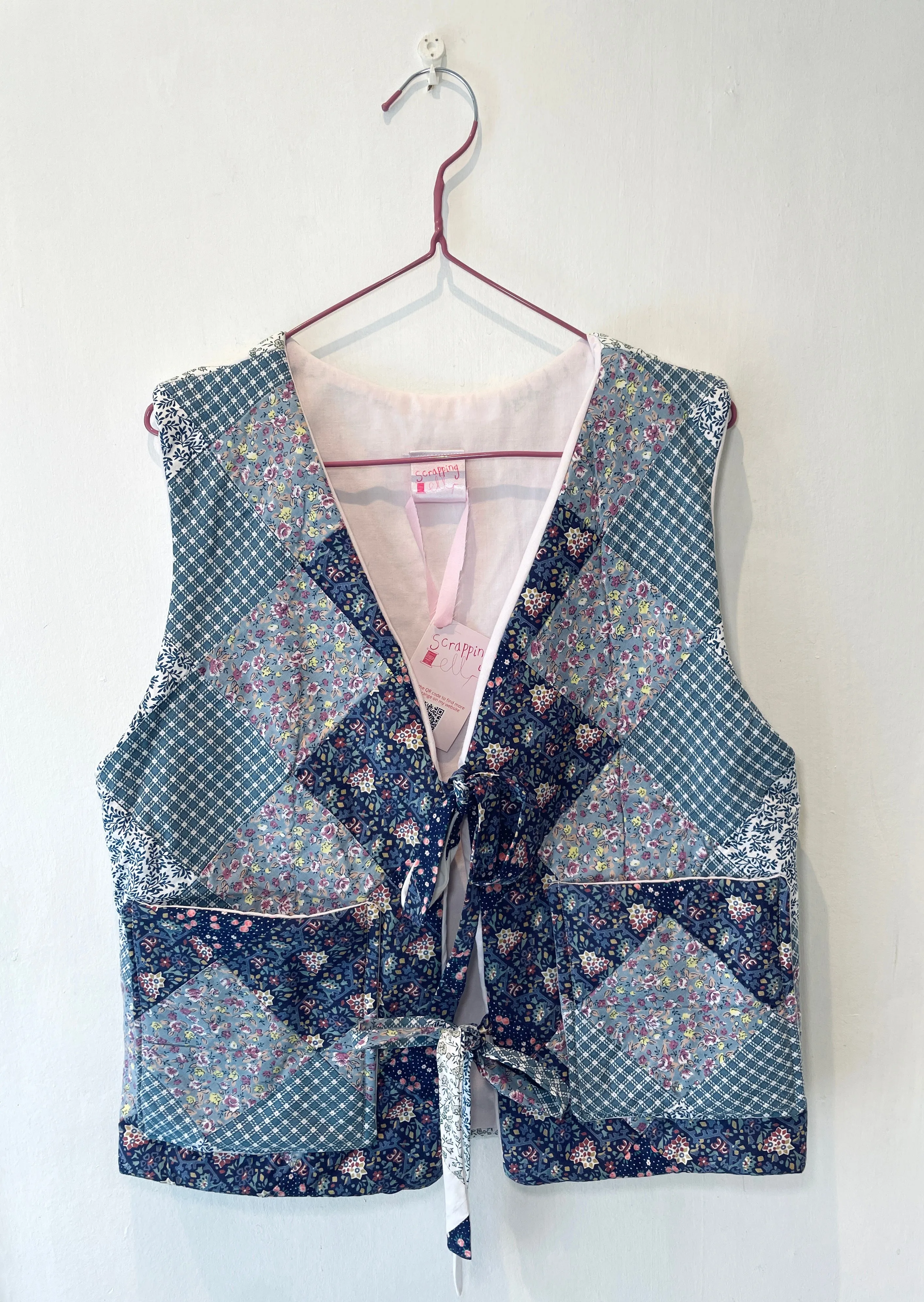 Zoe Handmade Blue Floral Tie Front Quilted Vest Gilet - Up To Size 14
