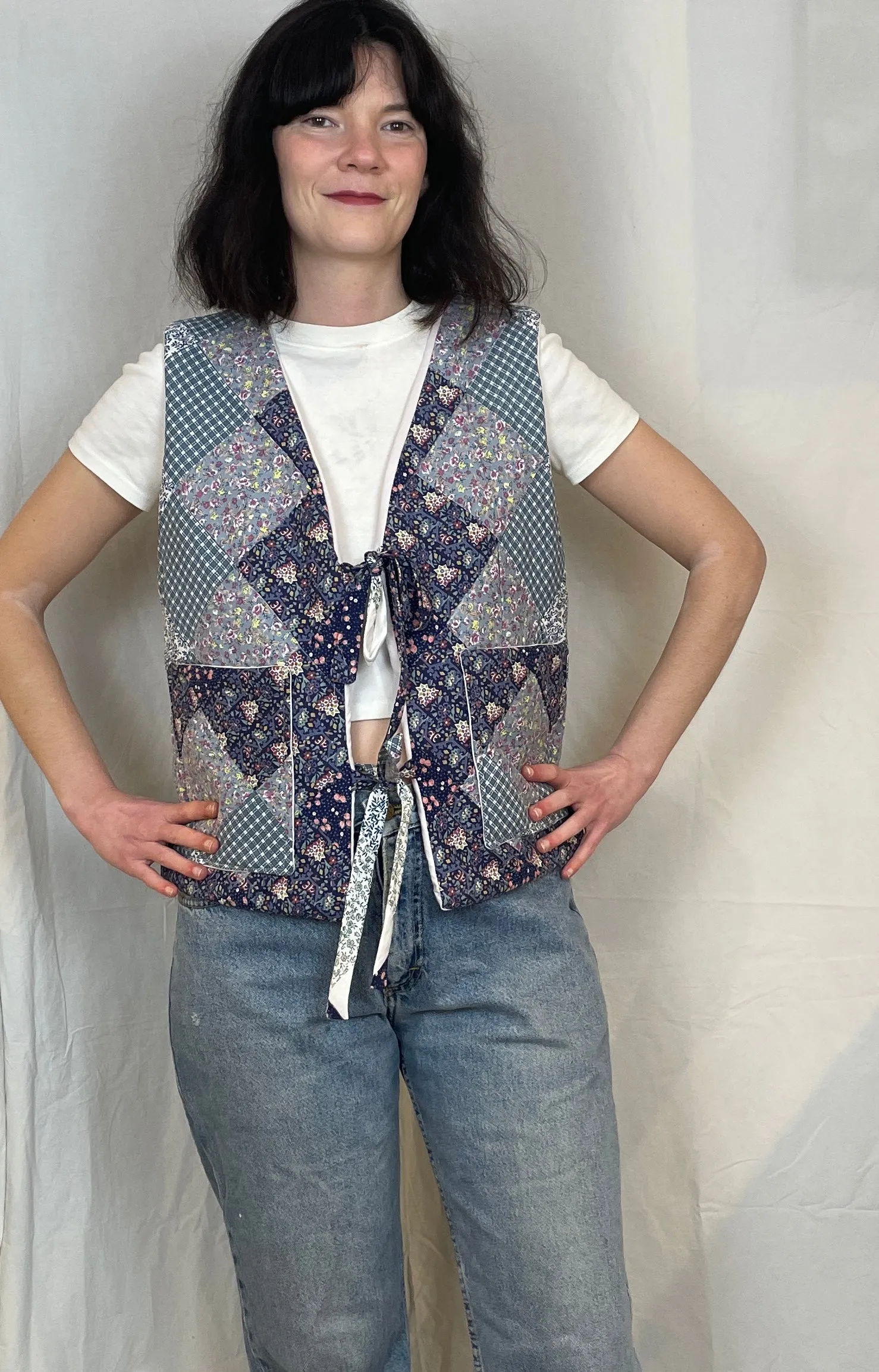 Zoe Handmade Blue Floral Tie Front Quilted Vest Gilet - Up To Size 14