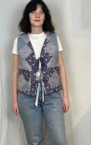 Zoe Handmade Blue Floral Tie Front Quilted Vest Gilet - Up To Size 14