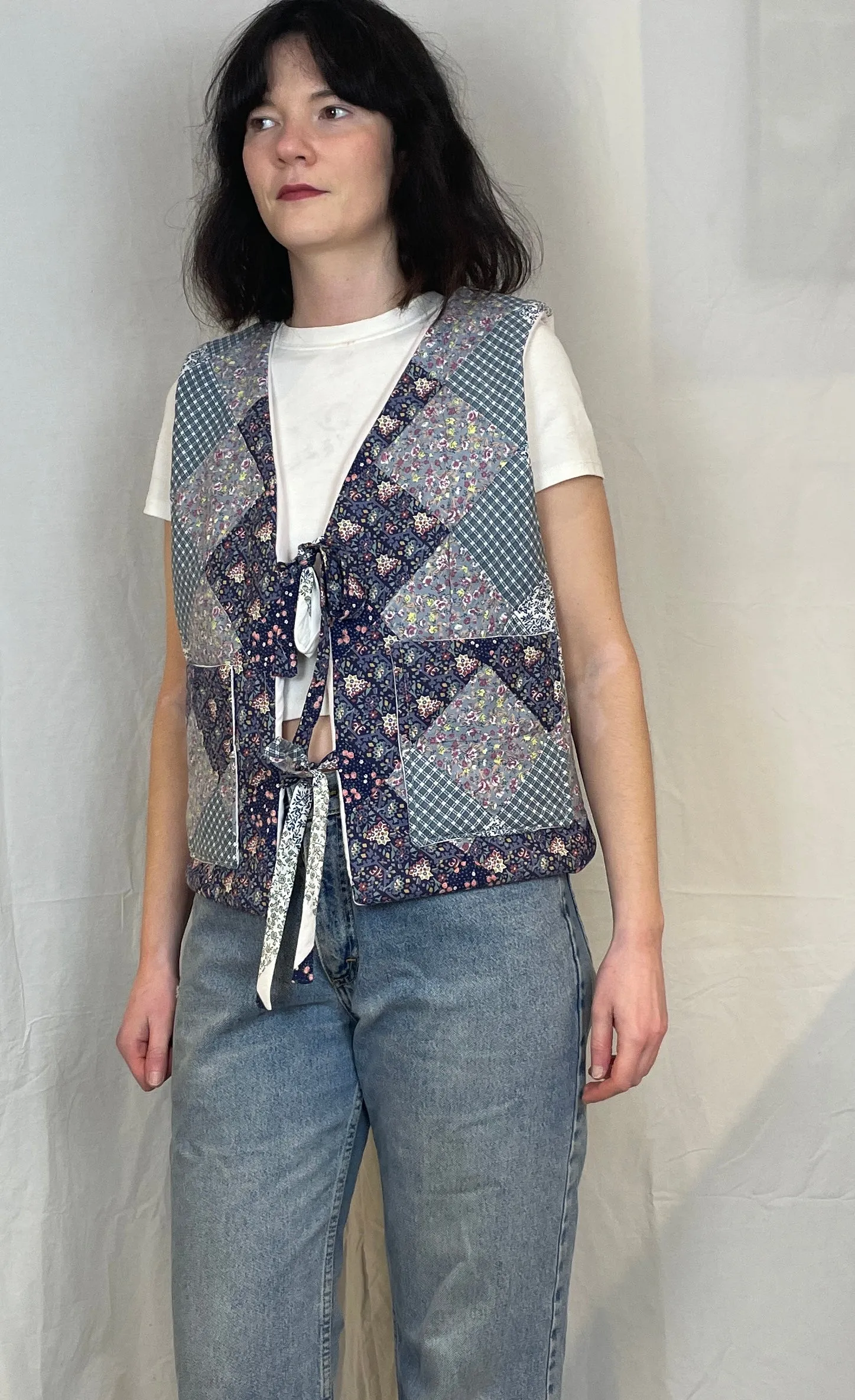 Zoe Handmade Blue Floral Tie Front Quilted Vest Gilet - Up To Size 14